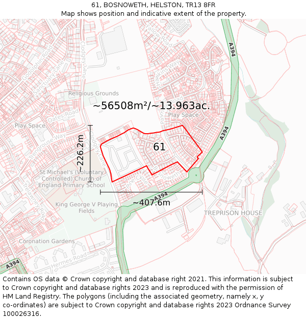 61, BOSNOWETH, HELSTON, TR13 8FR: Plot and title map