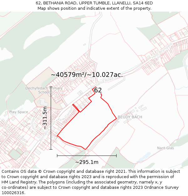 62, BETHANIA ROAD, UPPER TUMBLE, LLANELLI, SA14 6ED: Plot and title map