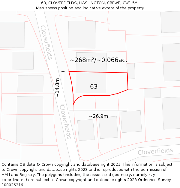 63, CLOVERFIELDS, HASLINGTON, CREWE, CW1 5AL: Plot and title map