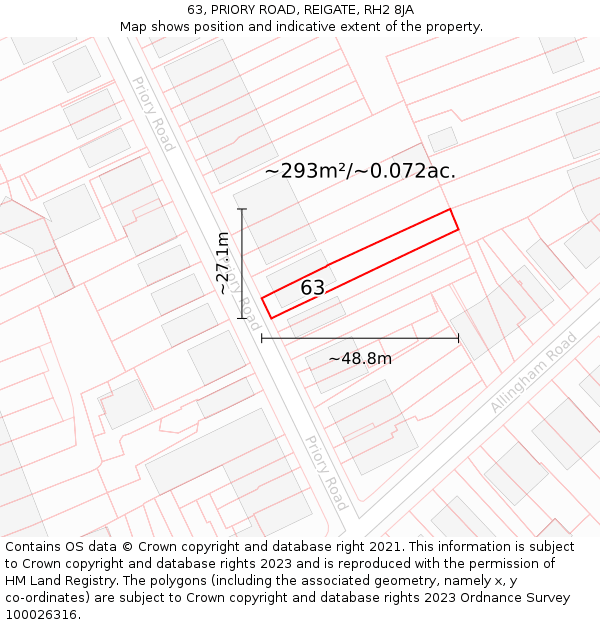 63, PRIORY ROAD, REIGATE, RH2 8JA: Plot and title map