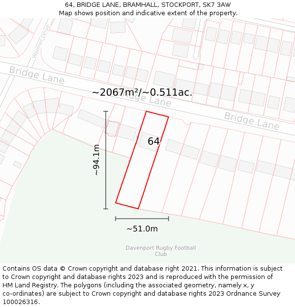 64, BRIDGE LANE, BRAMHALL, STOCKPORT, SK7 3AW: Plot and title map