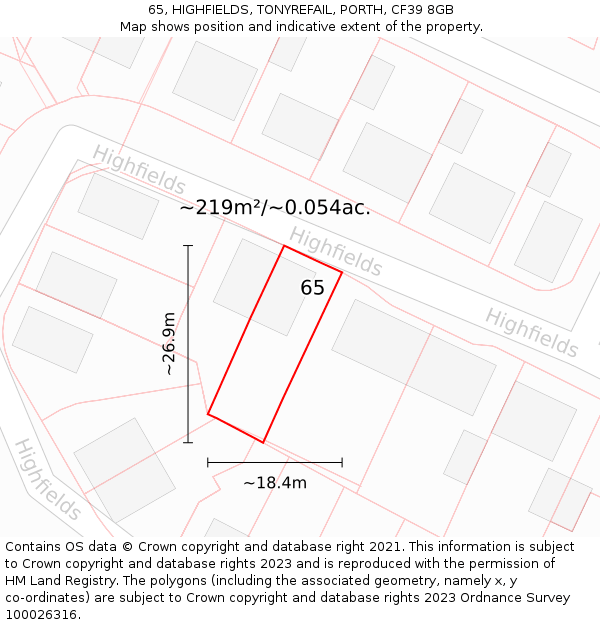 65, HIGHFIELDS, TONYREFAIL, PORTH, CF39 8GB: Plot and title map