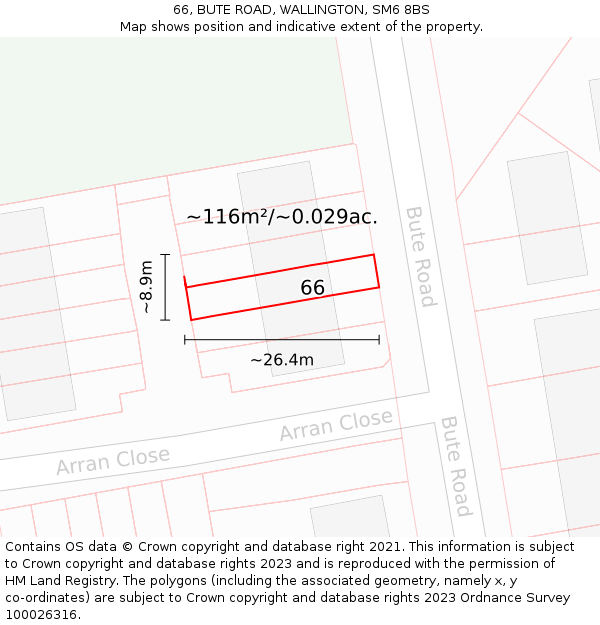 66, BUTE ROAD, WALLINGTON, SM6 8BS: Plot and title map