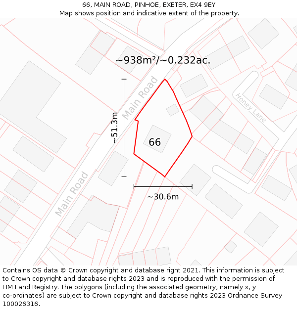 66, MAIN ROAD, PINHOE, EXETER, EX4 9EY: Plot and title map