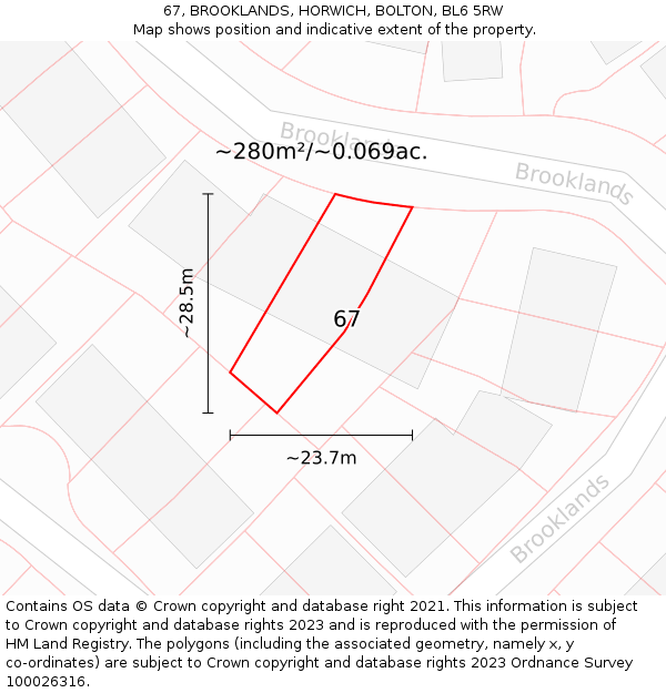 67, BROOKLANDS, HORWICH, BOLTON, BL6 5RW: Plot and title map