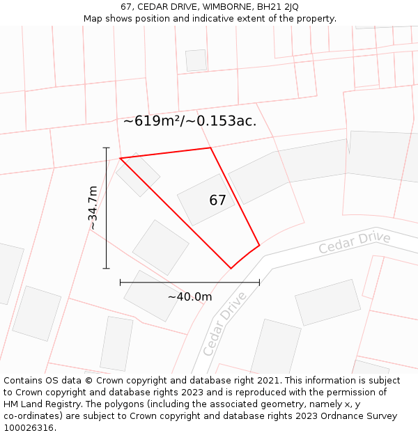 67, CEDAR DRIVE, WIMBORNE, BH21 2JQ: Plot and title map