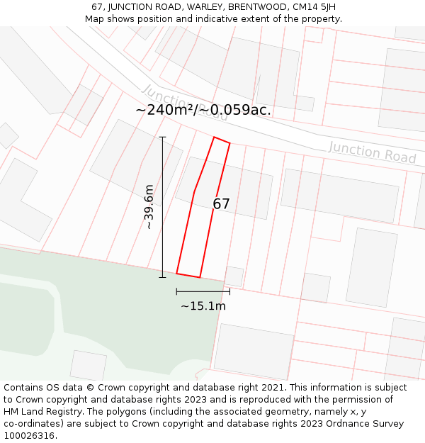 67, JUNCTION ROAD, WARLEY, BRENTWOOD, CM14 5JH: Plot and title map