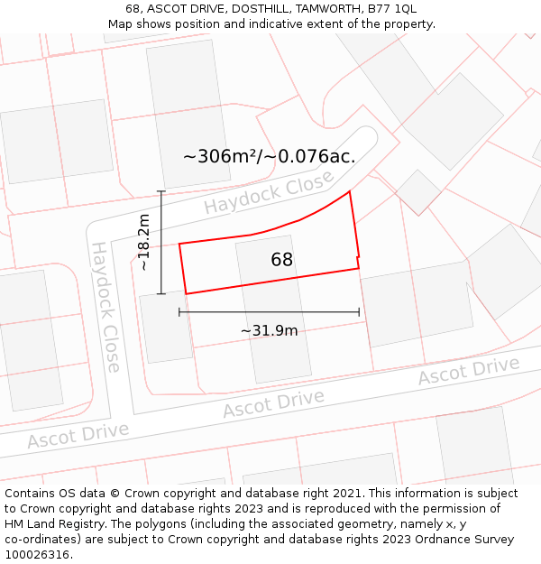 68, ASCOT DRIVE, DOSTHILL, TAMWORTH, B77 1QL: Plot and title map