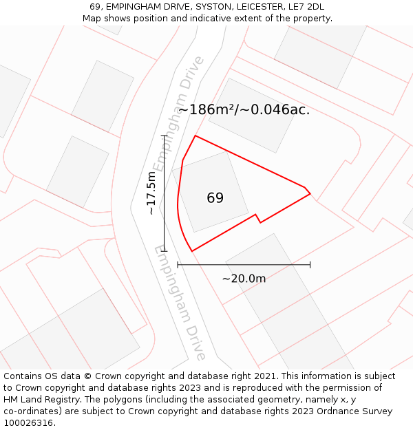 69, EMPINGHAM DRIVE, SYSTON, LEICESTER, LE7 2DL: Plot and title map