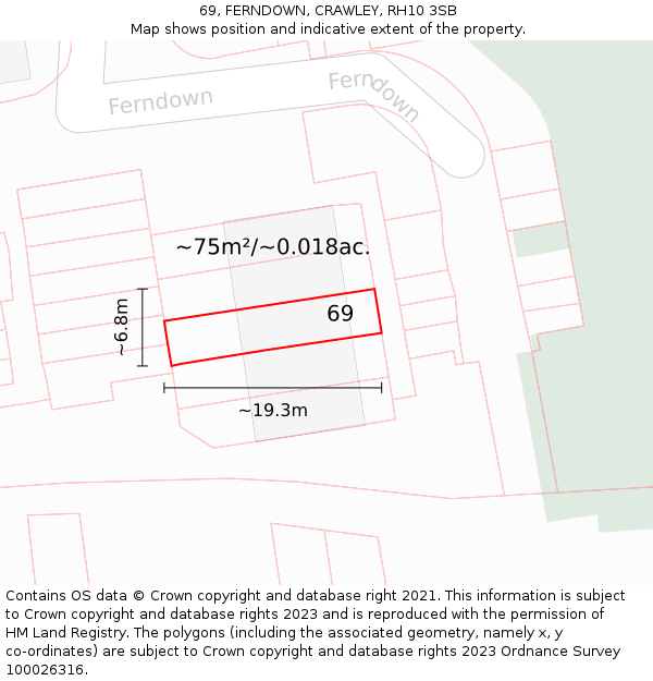 69, FERNDOWN, CRAWLEY, RH10 3SB: Plot and title map