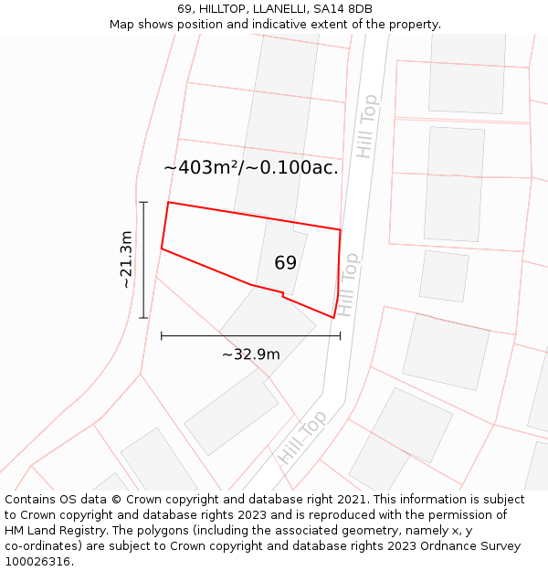 69, HILLTOP, LLANELLI, SA14 8DB: Plot and title map