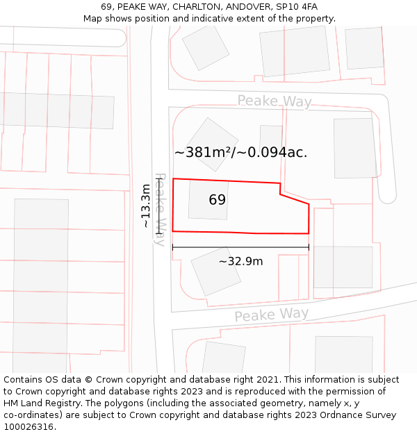 69, PEAKE WAY, CHARLTON, ANDOVER, SP10 4FA: Plot and title map