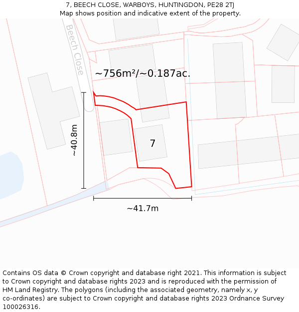 7, BEECH CLOSE, WARBOYS, HUNTINGDON, PE28 2TJ: Plot and title map