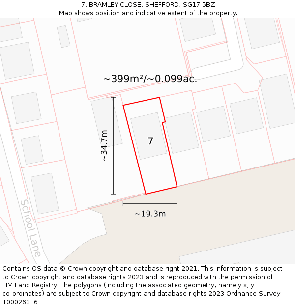 7, BRAMLEY CLOSE, SHEFFORD, SG17 5BZ: Plot and title map