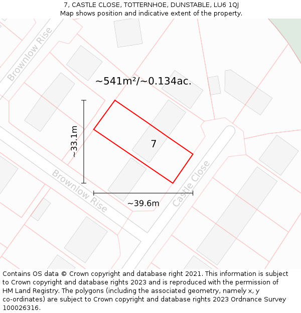 7, CASTLE CLOSE, TOTTERNHOE, DUNSTABLE, LU6 1QJ: Plot and title map