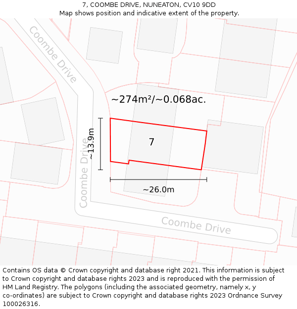 7, COOMBE DRIVE, NUNEATON, CV10 9DD: Plot and title map