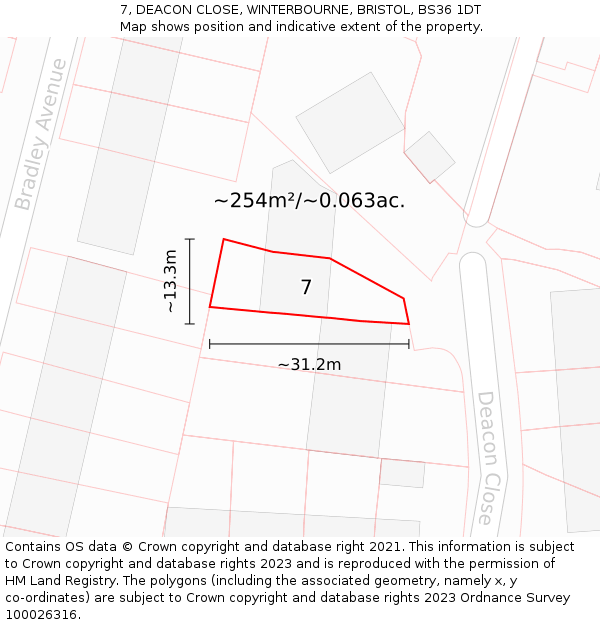 7, DEACON CLOSE, WINTERBOURNE, BRISTOL, BS36 1DT: Plot and title map