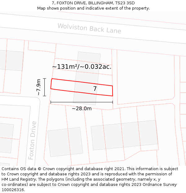 7, FOXTON DRIVE, BILLINGHAM, TS23 3SD: Plot and title map