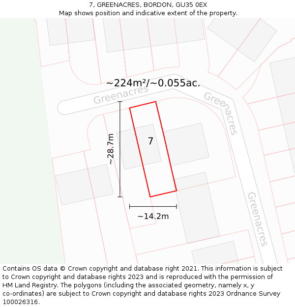 7, GREENACRES, BORDON, GU35 0EX: Plot and title map