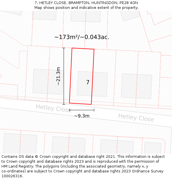 7, HETLEY CLOSE, BRAMPTON, HUNTINGDON, PE28 4GN: Plot and title map