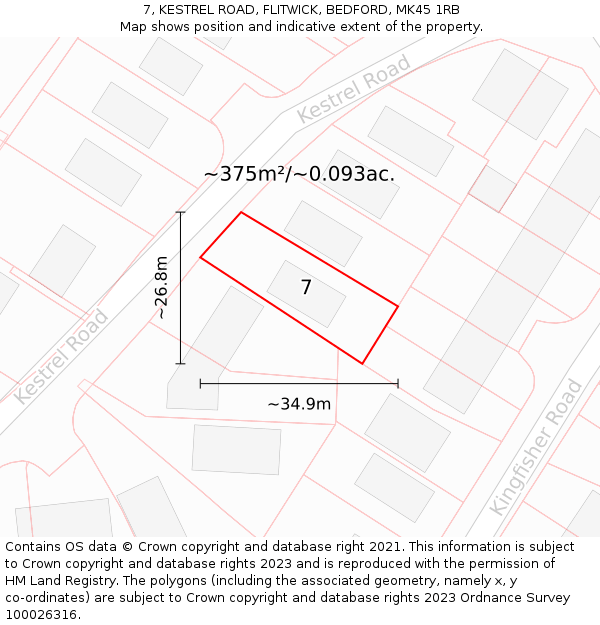 7, KESTREL ROAD, FLITWICK, BEDFORD, MK45 1RB: Plot and title map