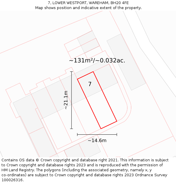 7, LOWER WESTPORT, WAREHAM, BH20 4FE: Plot and title map