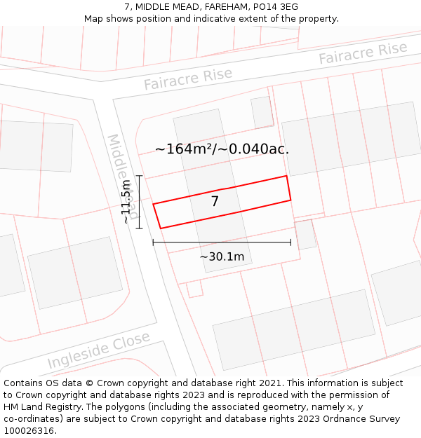 7, MIDDLE MEAD, FAREHAM, PO14 3EG: Plot and title map