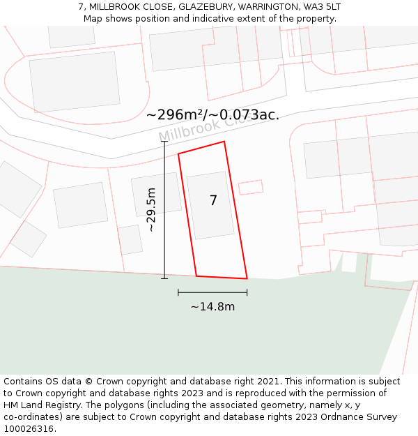 7, MILLBROOK CLOSE, GLAZEBURY, WARRINGTON, WA3 5LT: Plot and title map