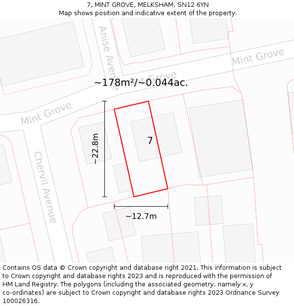 7, MINT GROVE, MELKSHAM, SN12 6YN: Plot and title map