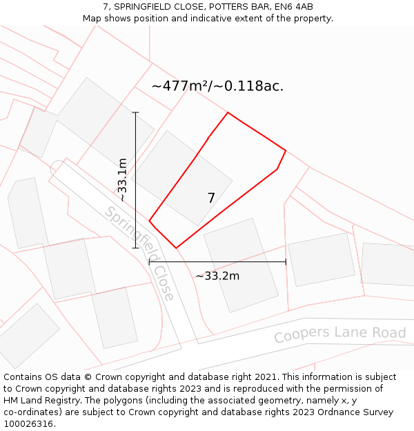 7, SPRINGFIELD CLOSE, POTTERS BAR, EN6 4AB: Plot and title map
