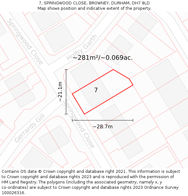 7, SPRINGWOOD CLOSE, BROWNEY, DURHAM, DH7 8LD: Plot and title map