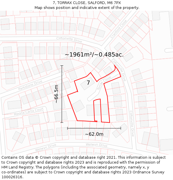 7, TORRAX CLOSE, SALFORD, M6 7PX: Plot and title map