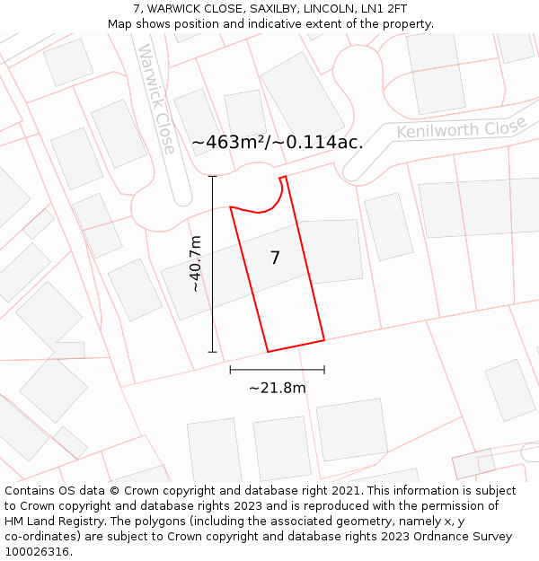 7, WARWICK CLOSE, SAXILBY, LINCOLN, LN1 2FT: Plot and title map