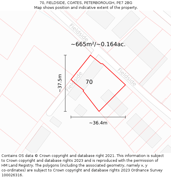 70, FIELDSIDE, COATES, PETERBOROUGH, PE7 2BG: Plot and title map
