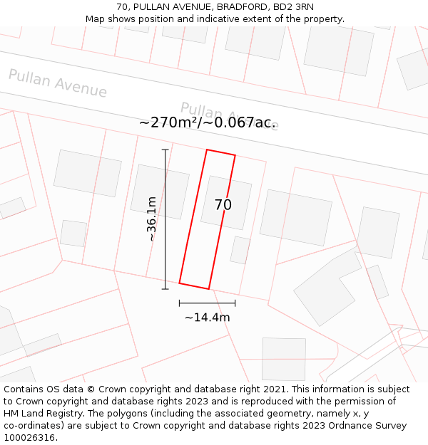 70, PULLAN AVENUE, BRADFORD, BD2 3RN: Plot and title map
