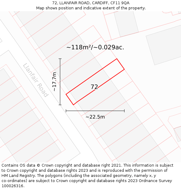 72, LLANFAIR ROAD, CARDIFF, CF11 9QA: Plot and title map