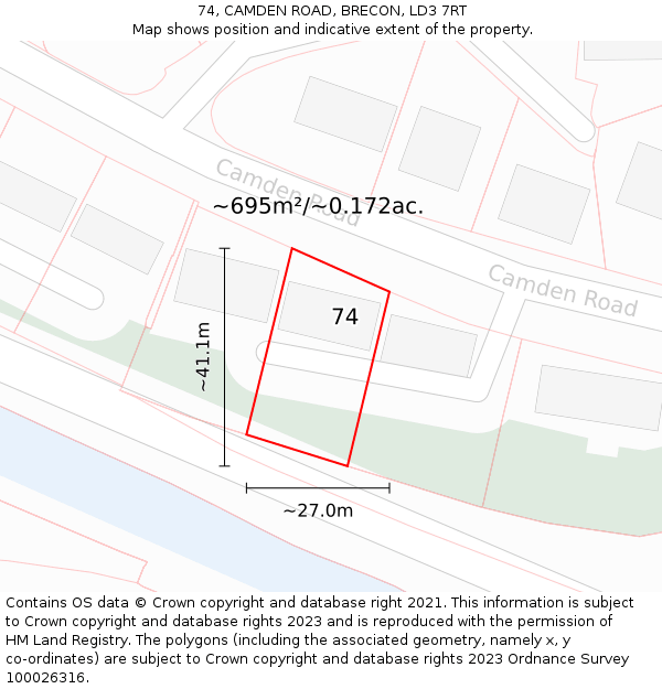 74, CAMDEN ROAD, BRECON, LD3 7RT: Plot and title map