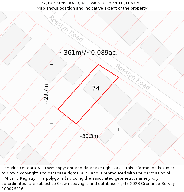 74, ROSSLYN ROAD, WHITWICK, COALVILLE, LE67 5PT: Plot and title map