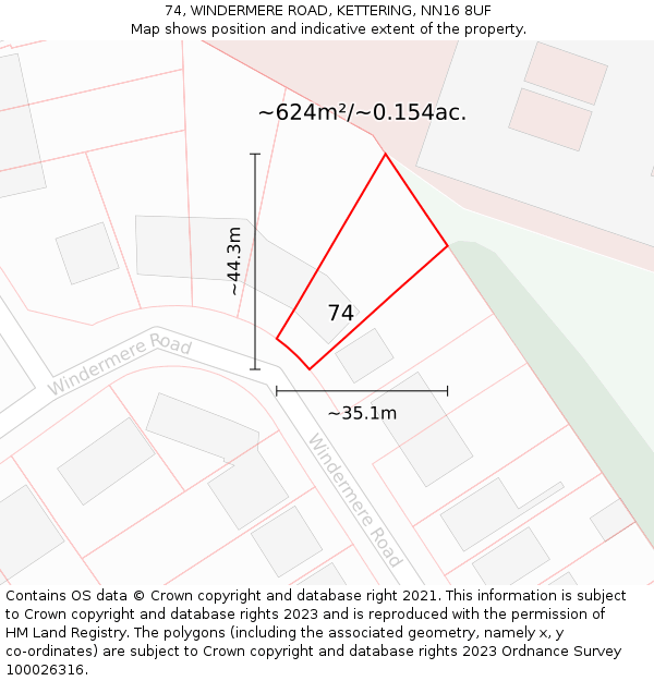 74, WINDERMERE ROAD, KETTERING, NN16 8UF: Plot and title map
