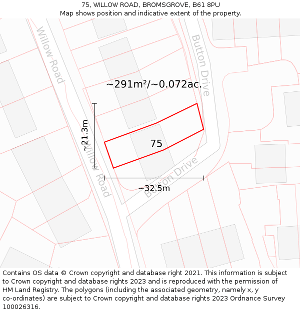75, WILLOW ROAD, BROMSGROVE, B61 8PU: Plot and title map