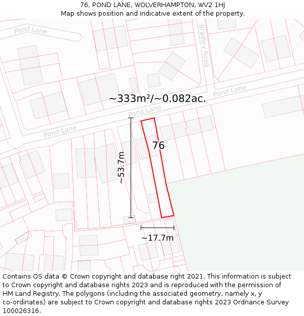 76, POND LANE, WOLVERHAMPTON, WV2 1HJ: Plot and title map