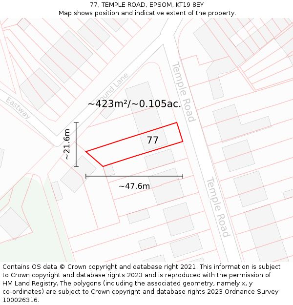 77, TEMPLE ROAD, EPSOM, KT19 8EY: Plot and title map