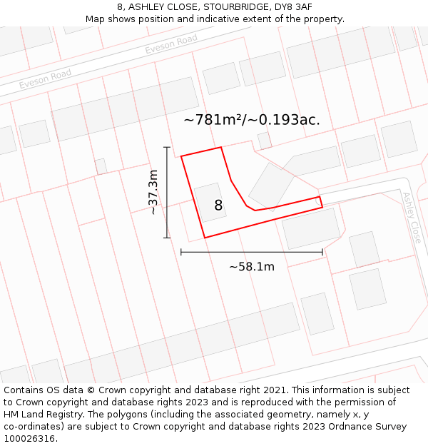 8, ASHLEY CLOSE, STOURBRIDGE, DY8 3AF: Plot and title map