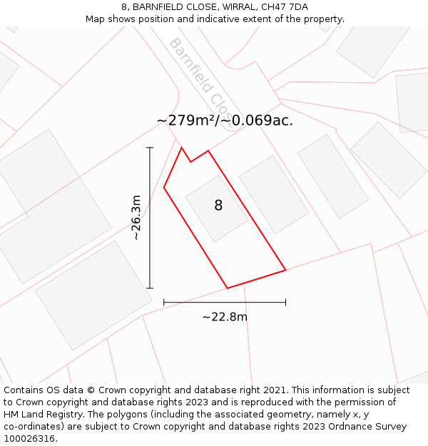 8, BARNFIELD CLOSE, WIRRAL, CH47 7DA: Plot and title map