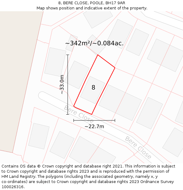 8, BERE CLOSE, POOLE, BH17 9AR: Plot and title map