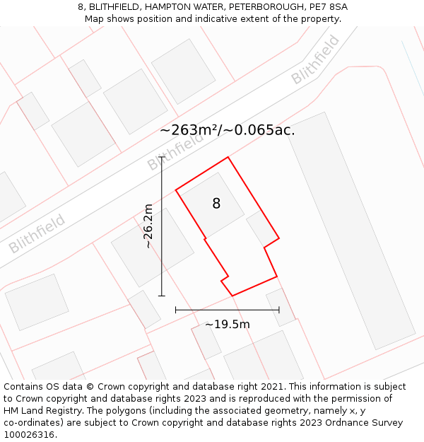 8, BLITHFIELD, HAMPTON WATER, PETERBOROUGH, PE7 8SA: Plot and title map