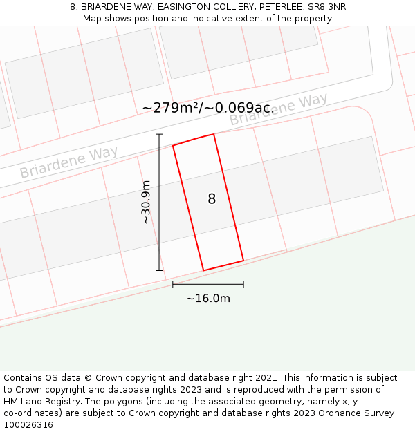 8, BRIARDENE WAY, EASINGTON COLLIERY, PETERLEE, SR8 3NR: Plot and title map