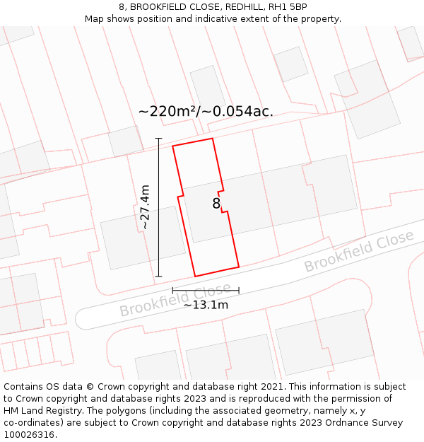 8, BROOKFIELD CLOSE, REDHILL, RH1 5BP: Plot and title map