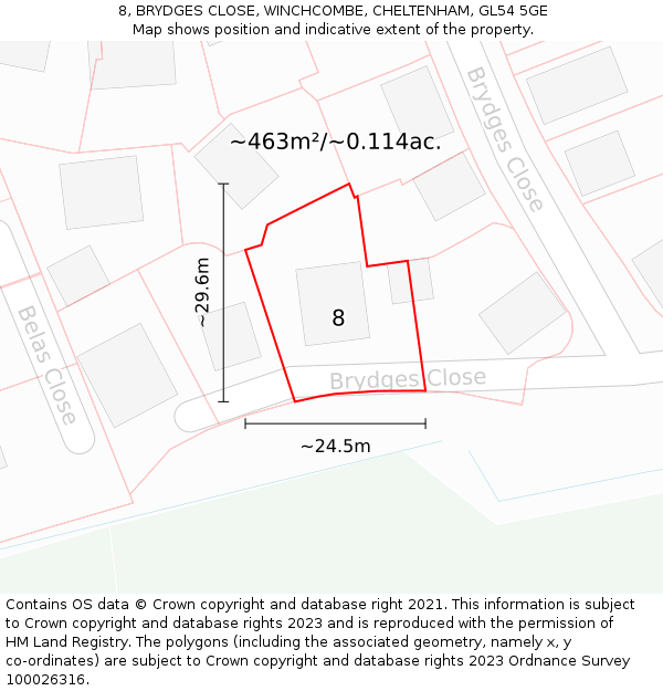8, BRYDGES CLOSE, WINCHCOMBE, CHELTENHAM, GL54 5GE: Plot and title map