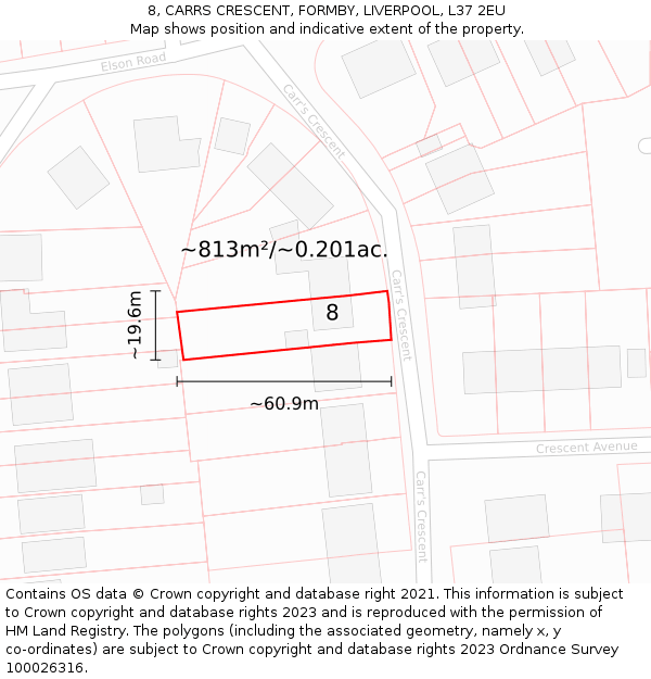 8, CARRS CRESCENT, FORMBY, LIVERPOOL, L37 2EU: Plot and title map